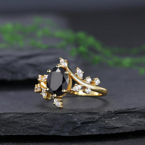 Black Onyx Couple Ring Set Yellow Gold Vintage Art Deco Engagement Ring matching rings - anerjuly