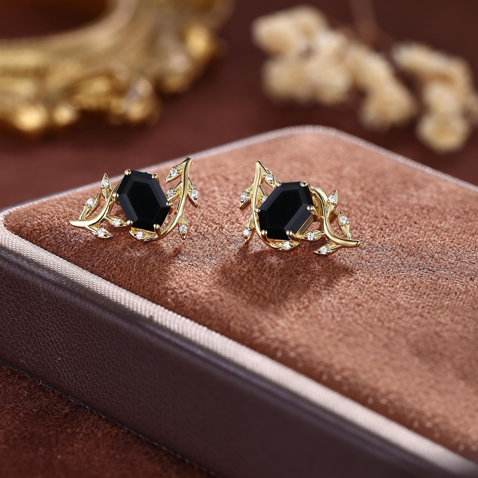 Black Onyx Everyday Vine Leaf Nature Inspired Onyx Studs Earrings - anerjuly