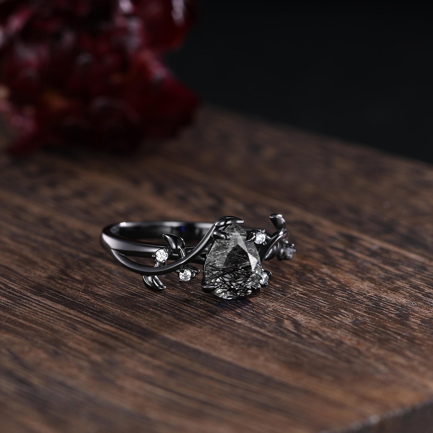 Black Rutilated Quartz Couple Ring Set Gothic His and Her Wedding Band Vintage Art Deco Engagement Ring for Men and Women Leaf Branch Ring - anerjuly