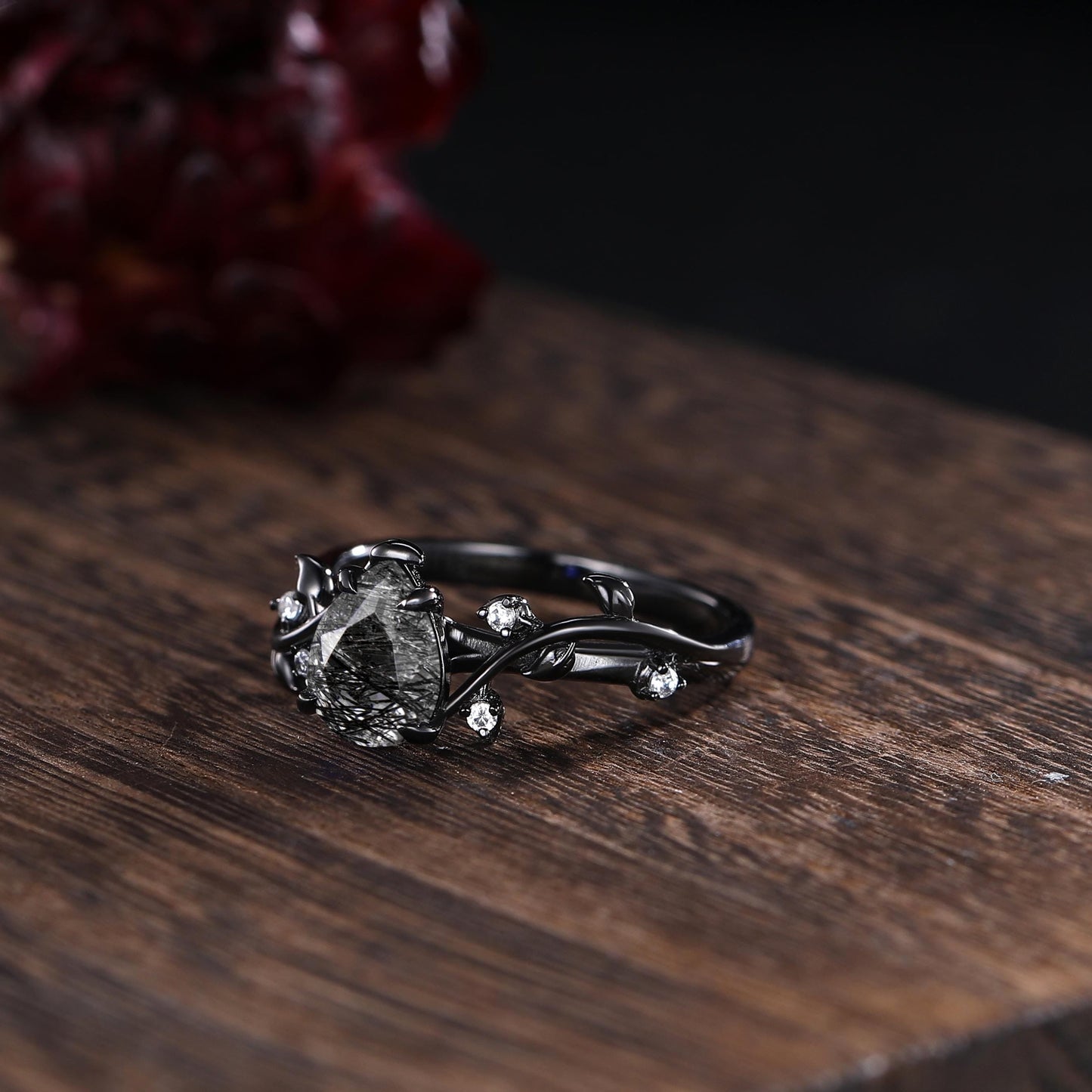 Black Rutilated Quartz Couple Ring Set Gothic His and Her Wedding Band Vintage Art Deco Engagement Ring for Men and Women Leaf Branch Ring - anerjuly