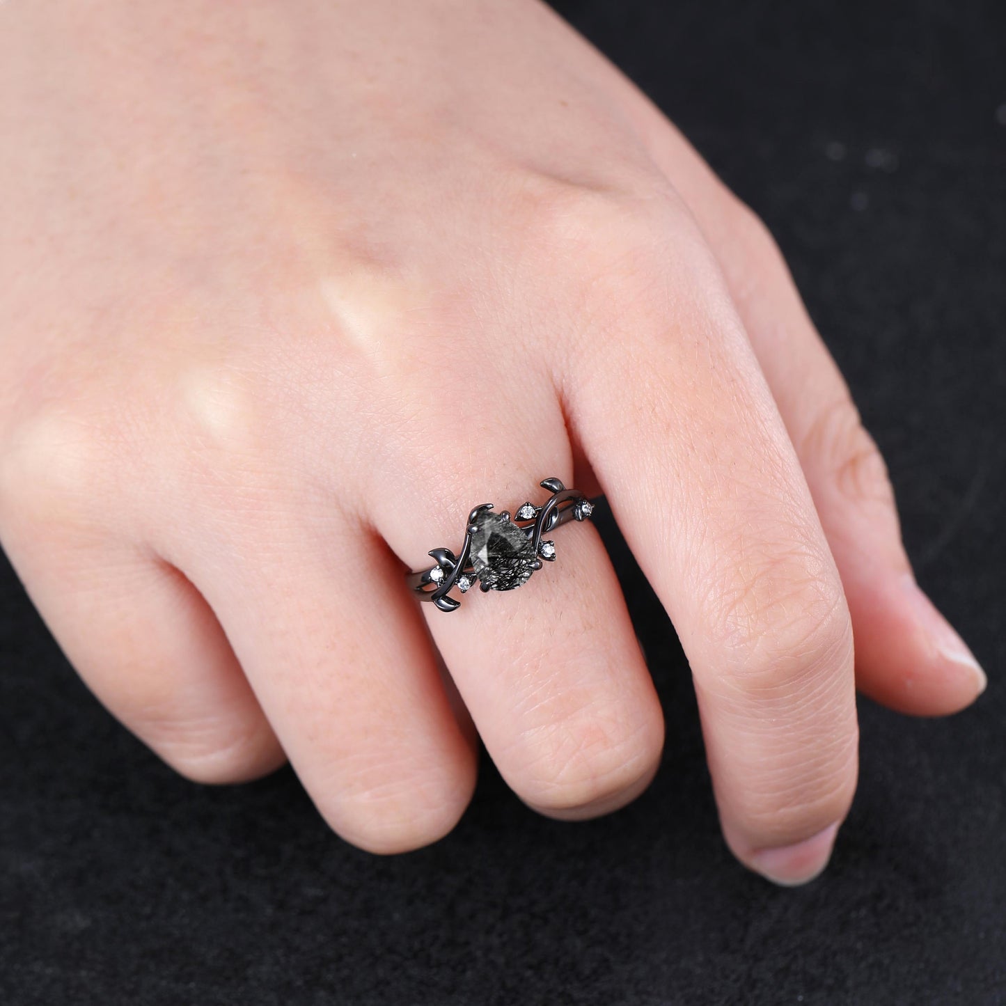 Black Rutilated Quartz Couple Ring Set Gothic His and Her Wedding Band Vintage Art Deco Engagement Ring for Men and Women Leaf Branch Ring - anerjuly