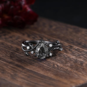 Black Rutilated Quartz Couple Ring Set Gothic His and Her Wedding Band Vintage Art Deco Engagement Ring for Men and Women Leaf Branch Ring - anerjuly