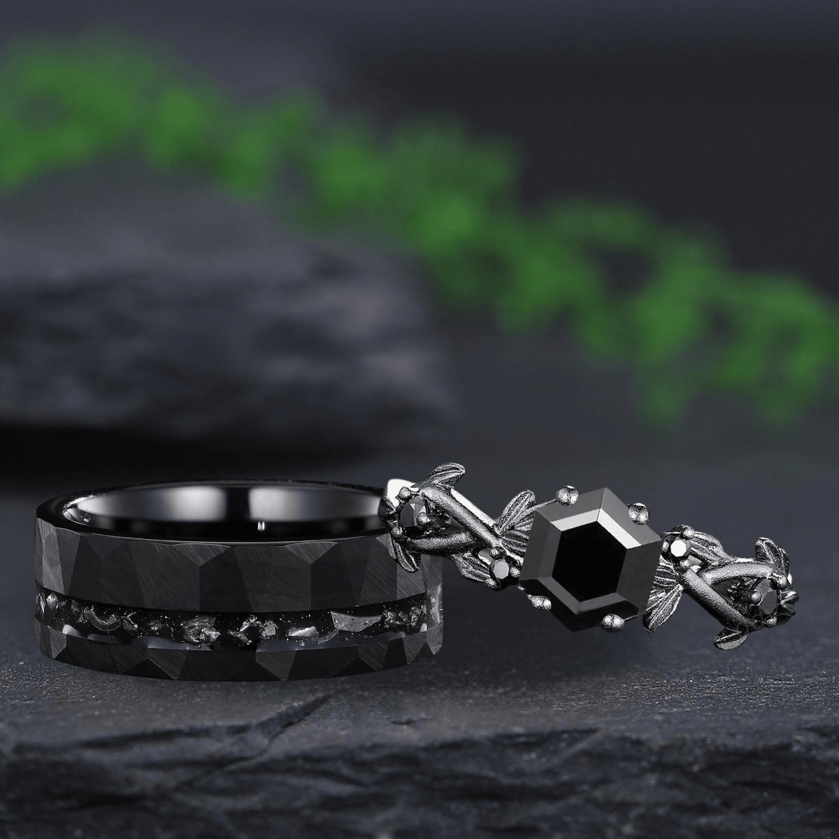 Black Rutilated Quartz Couple Ring Set His and Her Vintage Art Deco Engagement Ring - anerjuly