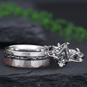 Black Rutilated Quartz Couple Ring Set His and Her Vintage Art Deco Engagement Ring for Leaf Branch Ring - anerjuly