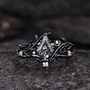 Black Rutilated Quartz Couple Ring Set His and Her Vintage Art Deco Engagement Ring for Leaf Branch Ring - anerjuly