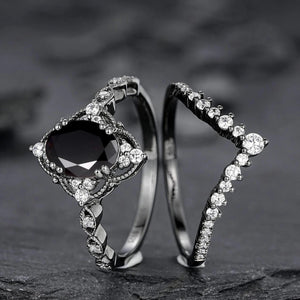 Black Rutilated Quartz Couple Ring Set His and Her Wedding Band Vintage Art Deco Engagement Ring - anerjuly