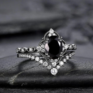 Black Rutilated Quartz Couple Ring Set His and Her Wedding Band Vintage Art Deco Engagement Ring - anerjuly