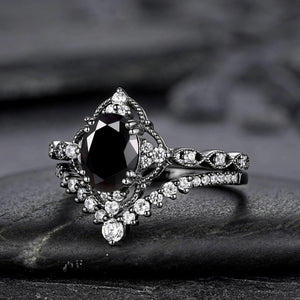 Black Rutilated Quartz Couple Ring Set His and Her Wedding Band Vintage Art Deco Engagement Ring - anerjuly