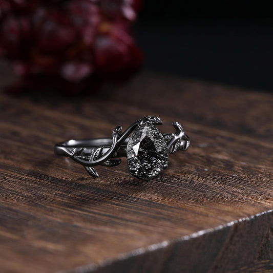 Black Rutilated Quartz Couple Ring Set His and Her Wedding Band Vintage Art Deco Engagement Ring for Men and Women Leaf Branch Ring - anerjuly