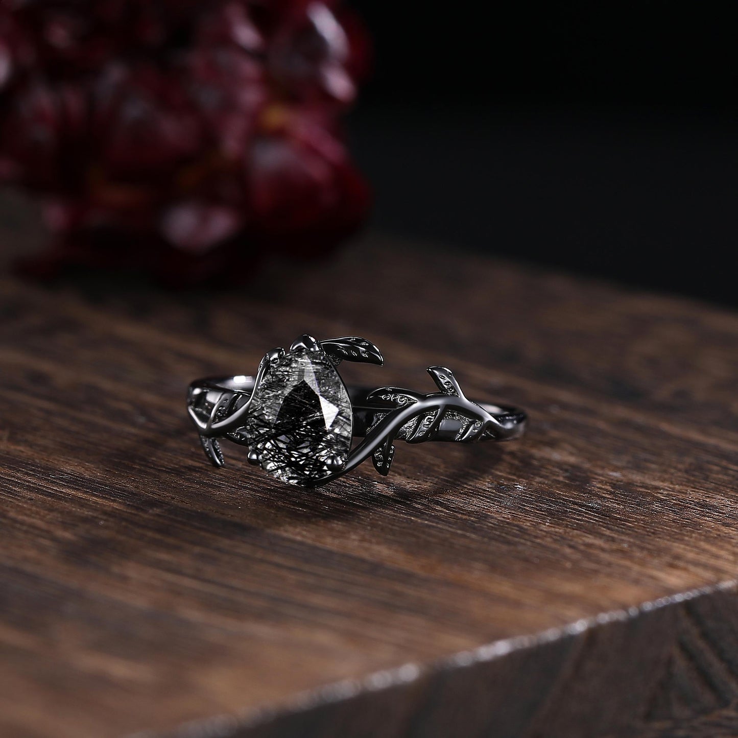 Black Rutilated Quartz Couple Ring Set His and Her Wedding Band Vintage Art Deco Engagement Ring for Men and Women Leaf Branch Ring - anerjuly
