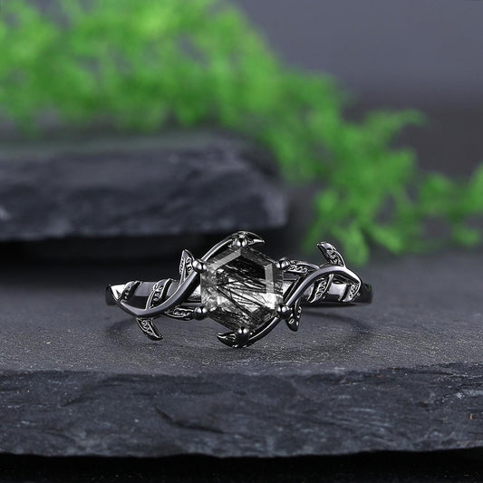 Black Rutilated Quartz Couple Ring Set His and Her Wedding Band Vintage Art Deco Engagement Ring for Men and Women Leaf Branch Ring - anerjuly