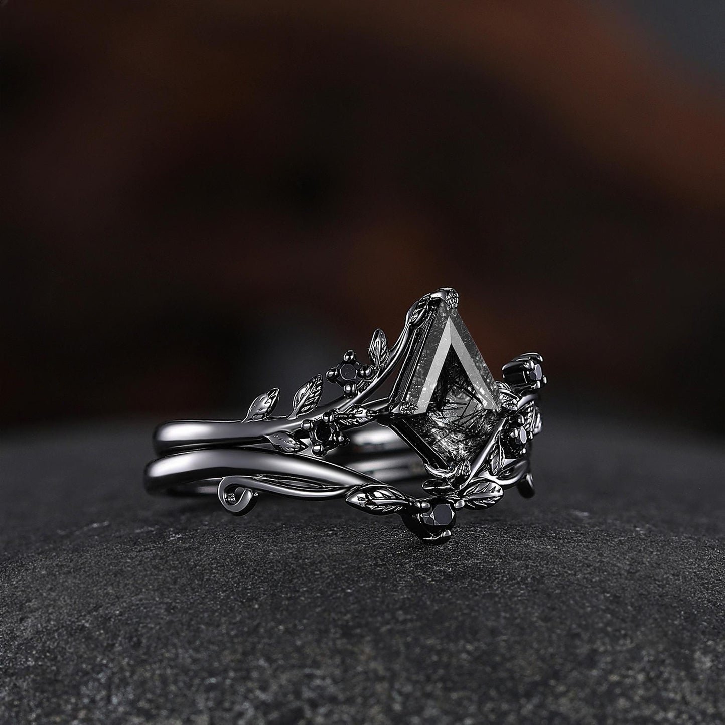 Black Rutilated Quartz Couple Ring Set His and Her Wedding Band Vintage Art Deco Engagement Ring for Men and Women Ring - anerjuly
