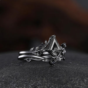 Black Rutilated Quartz Couple Ring Set His and Her Wedding Band Vintage Art Deco Engagement Ring for Men and Women Ring - anerjuly