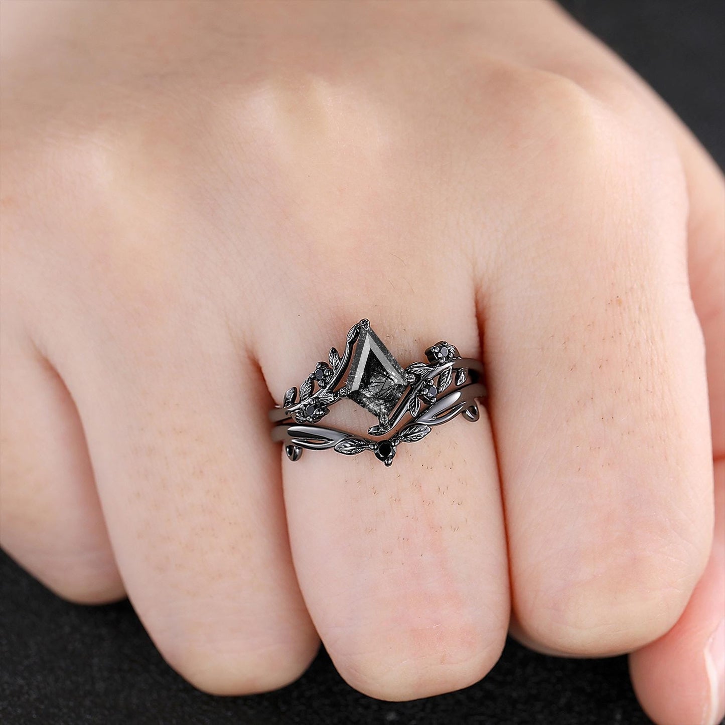 Black Rutilated Quartz Couple Ring Set His and Her Wedding Band Vintage Art Deco Engagement Ring for Men and Women Ring - anerjuly
