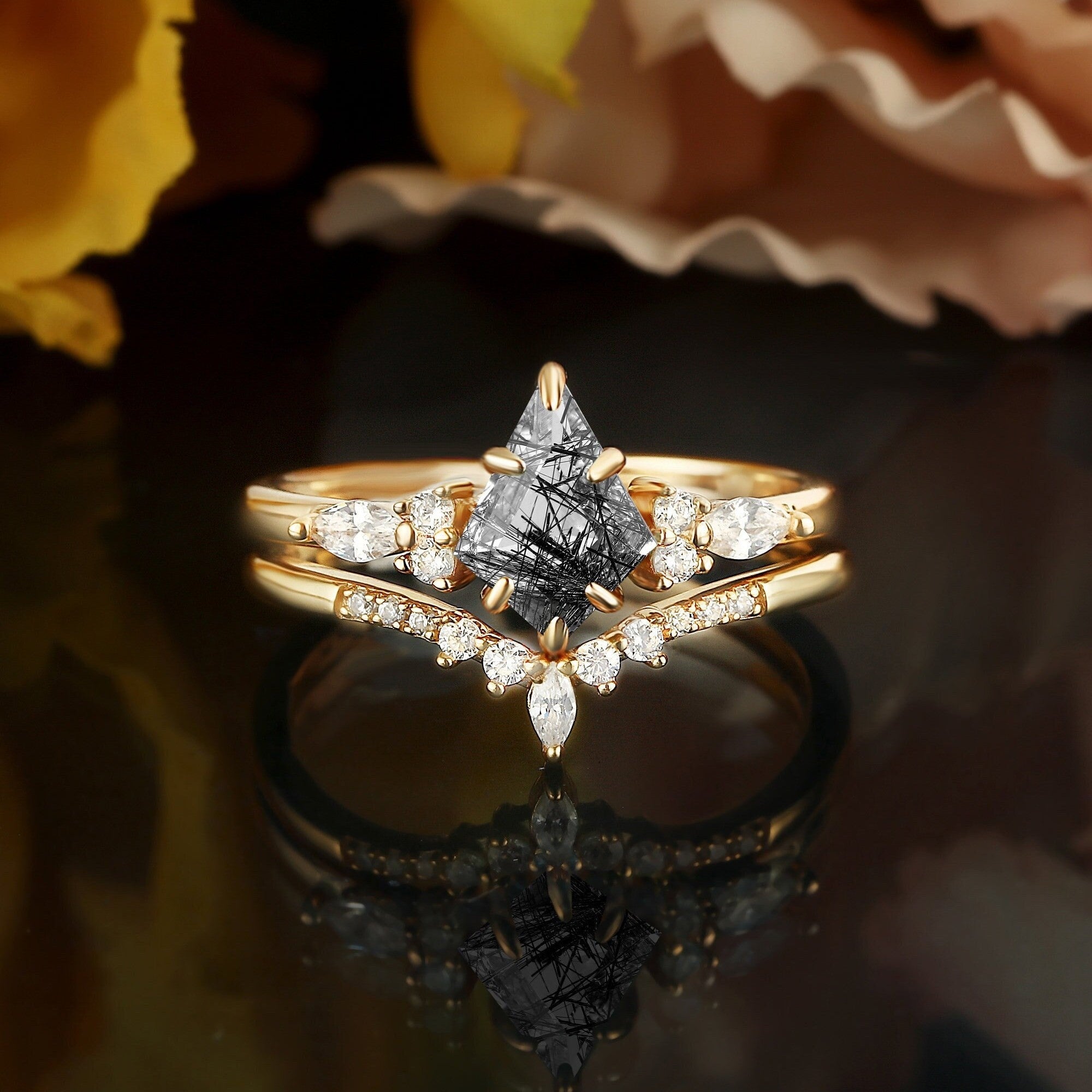 Black Rutilated Quartz Couple Ring Set His and Her Wedding Band Vintage Art Deco Engagement Ring matching rings - anerjuly