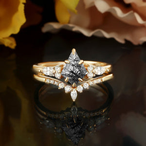 Black Rutilated Quartz Couple Ring Set His and Her Wedding Band Vintage Art Deco Engagement Ring matching rings - anerjuly