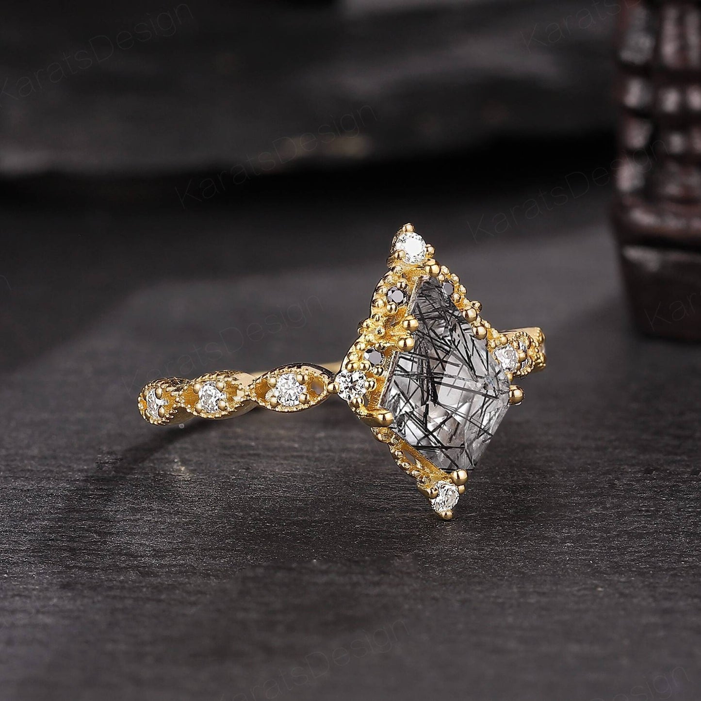 Black Rutilated Quartz Couple Ring Set His and Her Wedding Band Vintage Art Deco Engagement Ring matching rings - anerjuly
