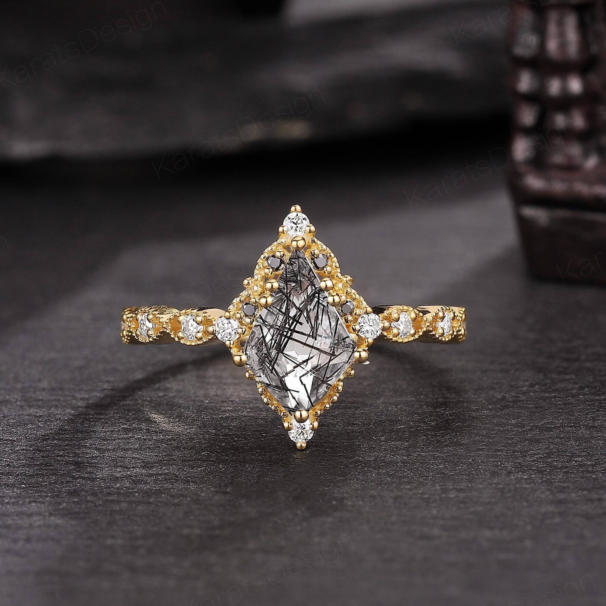 Black Rutilated Quartz Couple Ring Set His and Her Wedding Band Vintage Art Deco Engagement Ring matching rings - anerjuly