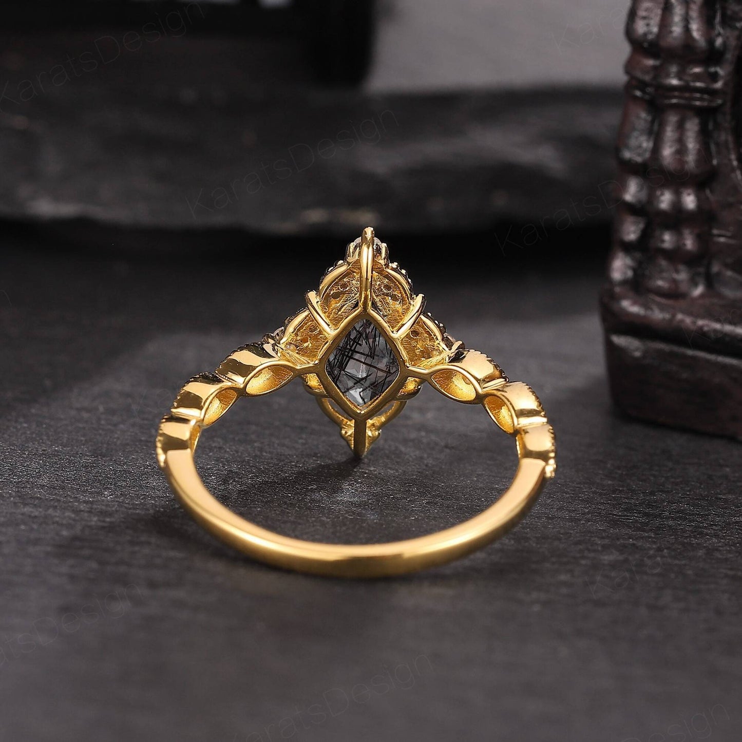 Black Rutilated Quartz Couple Ring Set His and Her Wedding Band Vintage Art Deco Engagement Ring matching rings - anerjuly