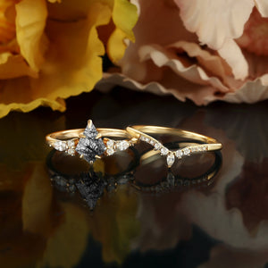 Black Rutilated Quartz Couple Ring Set His and Her Wedding Band Vintage Art Deco Engagement Ring matching rings - anerjuly