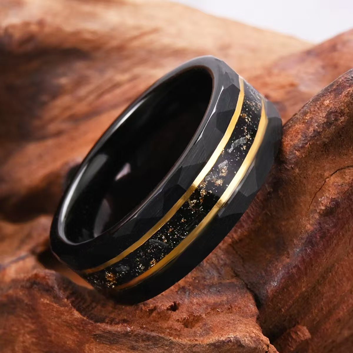 Black Rutilated Quartz Couple Ring Set Wedding Band Vintage Art Deco Engagement Ring matching rings - anerjuly