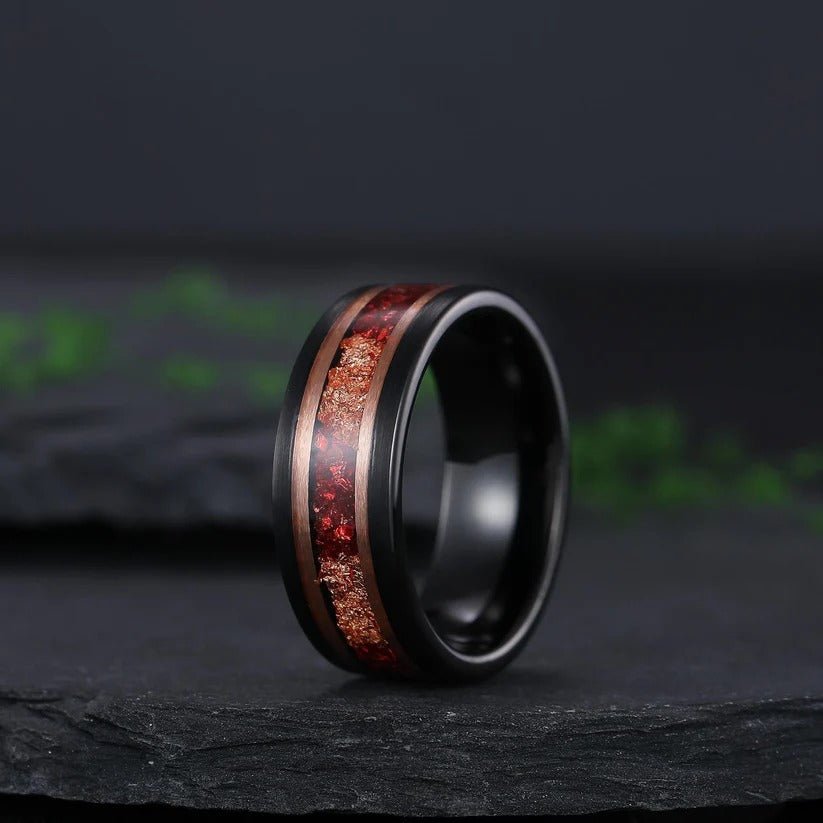 Black Tungsten Band with Red Fire Opal and Gold Flake Inlay - anerjuly