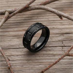 Black Tungsten Ring with Brushed Center & Step Grooves - anerjuly