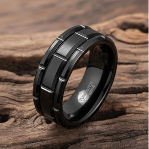 Black Tungsten Ring with Brushed Center & Step Grooves - anerjuly