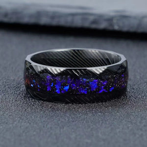 Black Tungsten Ring with Galaxy Opal Inlay and Leaf Cut Band - anerjuly