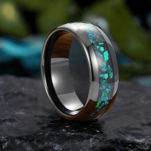 Black Tungsten Ring with Peacock Green Opal and Gold Leaf Inlay Men's Wedding Band - anerjuly