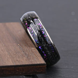 Black Tungsten Ring with Purple & Blue Galaxy Opal Inlay - anerjuly
