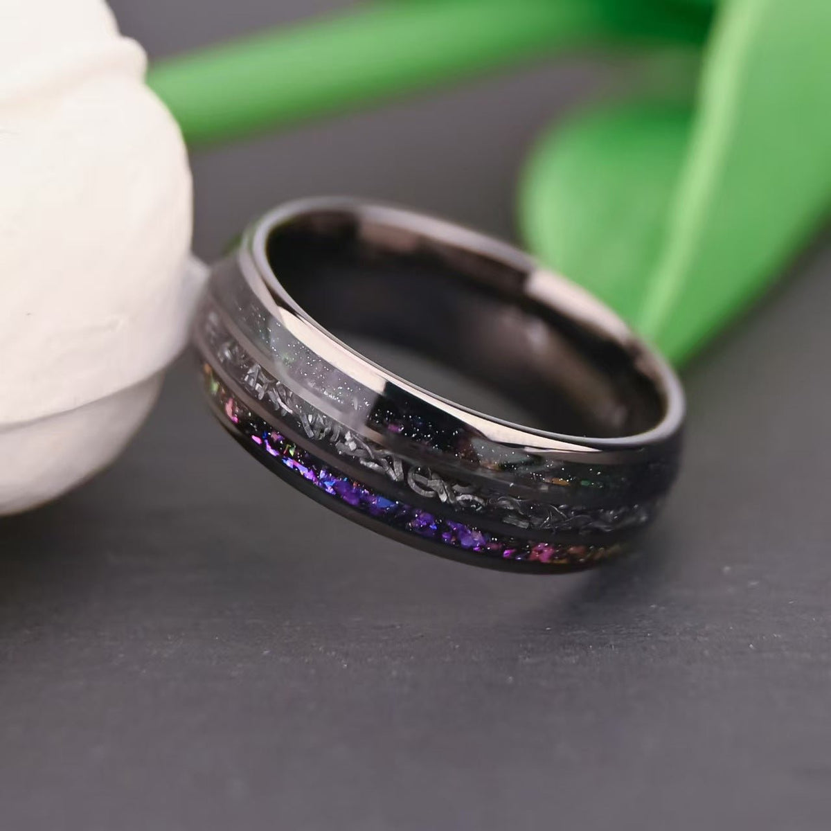 Black Tungsten Ring with Purple & Blue Galaxy Opal Inlay - anerjuly