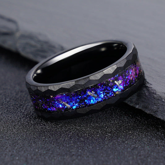 Blue Galaxy Nebula Inlay Men Tungsten Ring Promise Anniversary Wedding Band - anerjuly