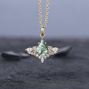 Cluster Kite Green Moss Agate Necklace, Women Natural Agate Pendant, Unique Birthstone Jewelry Anniversary Gift for Her - anerjuly