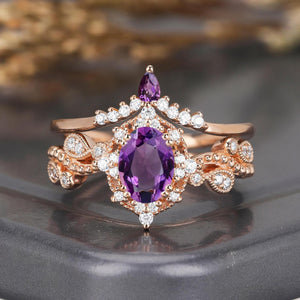 Cluster Oval Cut Amethyst Engagement Ring Set Vintage Rose Gold Leaf Branch Promise Ring For Women - anerjuly