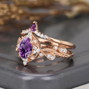 Cluster Oval Cut Amethyst Engagement Ring Set Vintage Rose Gold Leaf Branch Promise Ring For Women - anerjuly