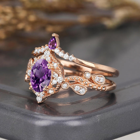 Cluster Vintage Oval Cut Amethyst Art Deco Couple Ring Set His and Her Matching Rings - anerjuly