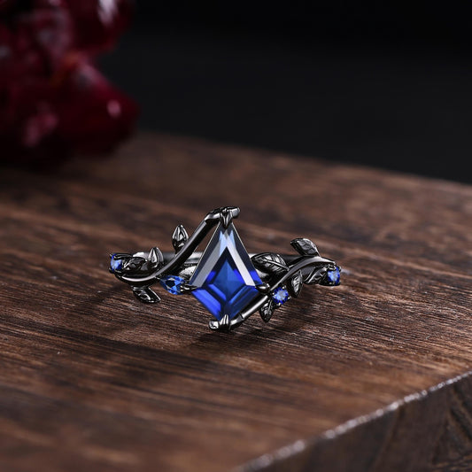 Couples ring set galaxy blue sapphire wedding rings set black gold His&Her wedding band twig leaf amethyst ring for women promise ring gift - anerjuly