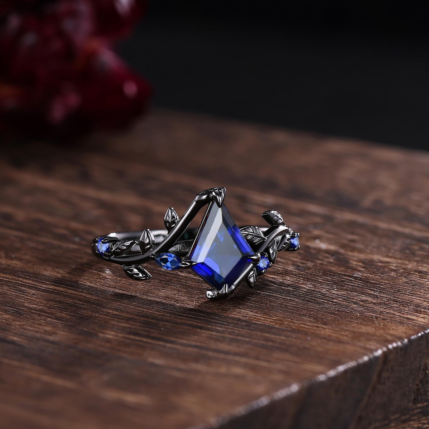 Couples ring set galaxy blue sapphire wedding rings set black gold His&Her wedding band twig leaf amethyst ring for women promise ring gift - anerjuly