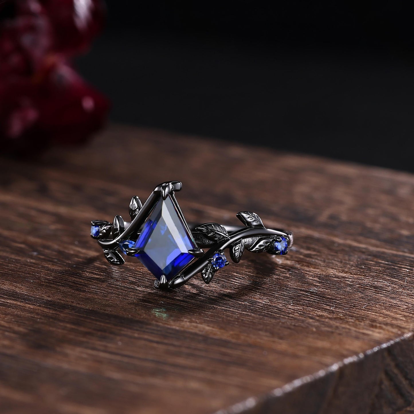 Couples ring set galaxy blue sapphire wedding rings set black gold His&Her wedding band twig leaf amethyst ring for women promise ring gift - anerjuly