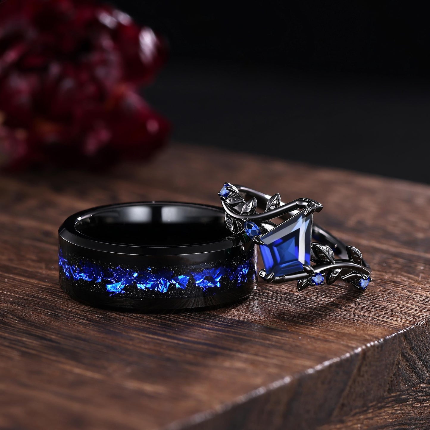 Couples ring set galaxy blue sapphire wedding rings set black gold His&Her wedding band twig leaf amethyst ring for women promise ring gift - anerjuly