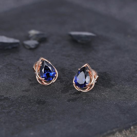 Dainty Blue Sapphire Earrings Green Emerald Studs Earrings Jewelry Vintage Floral Leaf Earrings May Birthstone Jewelry Anniversary Gift for Her - anerjuly