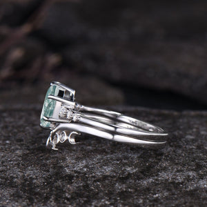 Dainty Hexagon Cut Natural Moss Agate Ring Set Engagement Ring For Women - anerjuly