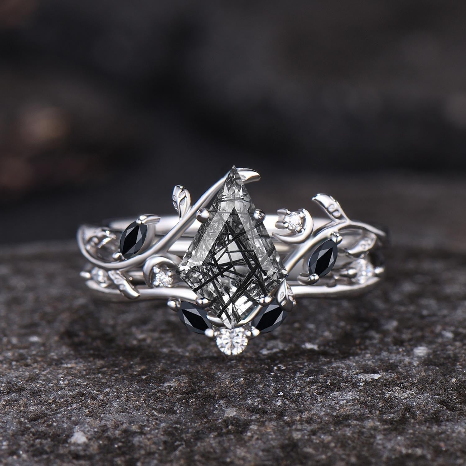 Dainty Natural Rutilated Quartz Engagement Ring Set Black Gold Black Bridal Ring - anerjuly