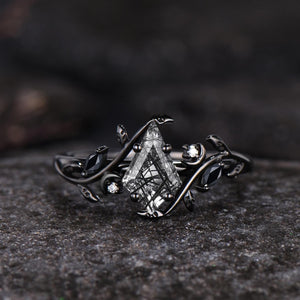 Dainty Natural Rutilated Quartz Engagement Ring Set Black Gold Black Bridal Ring - anerjuly