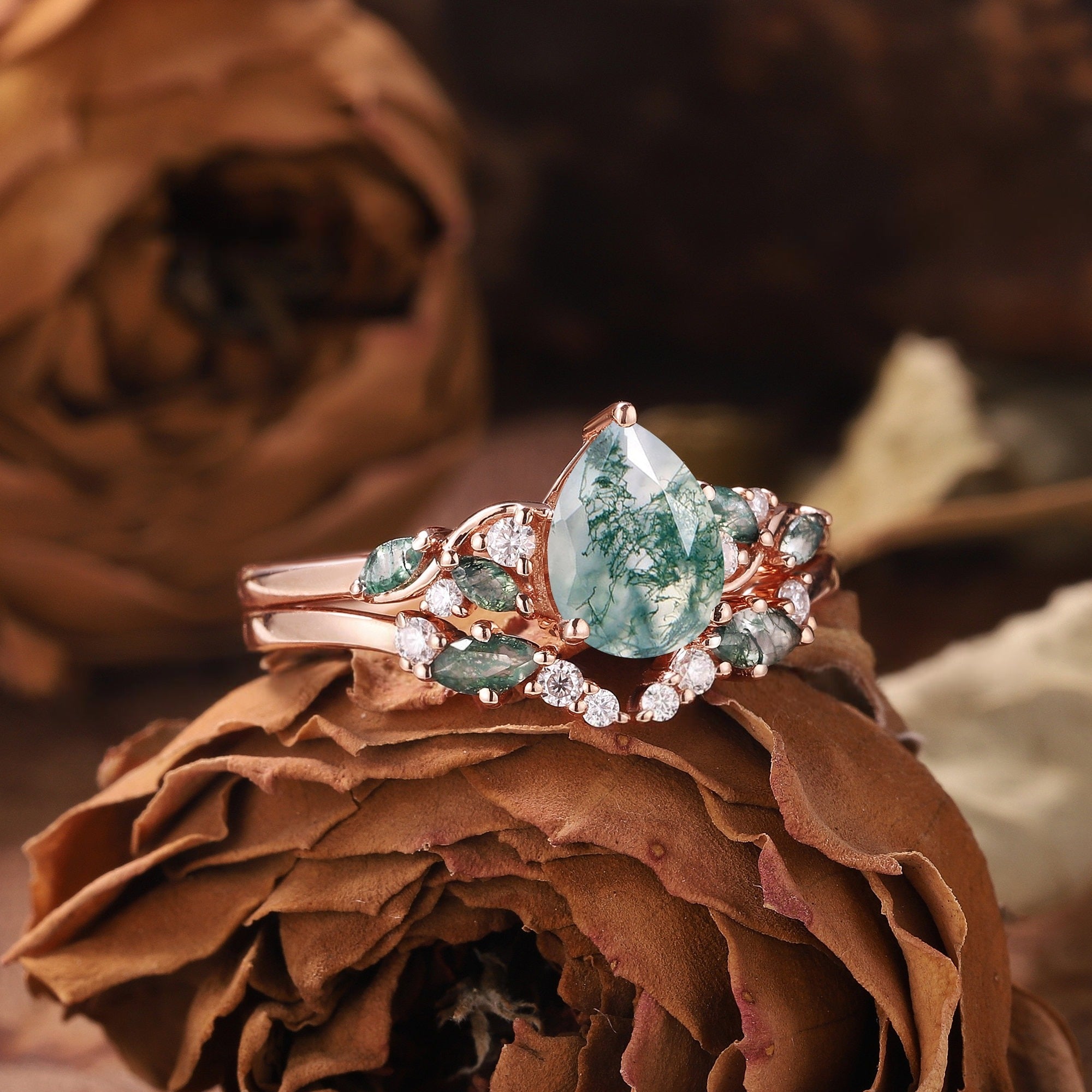 Dainty Pear Cut Natural Moss Agate Engagement Ring Set Leaf Nature Inspired Ring Unique 2pcs Bridal Ring Set - anerjuly
