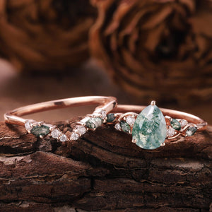 Dainty Pear Cut Natural Moss Agate Engagement Ring Set Leaf Nature Inspired Ring Unique 2pcs Bridal Ring Set - anerjuly