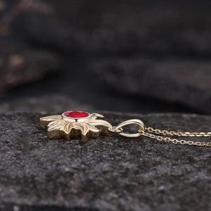 Dainty Round Cut Natural Garnet Necklace Minimalist Yellow Gold Sun Necklace Art Deco Bezel Setting Solitaire Pendant - anerjuly
