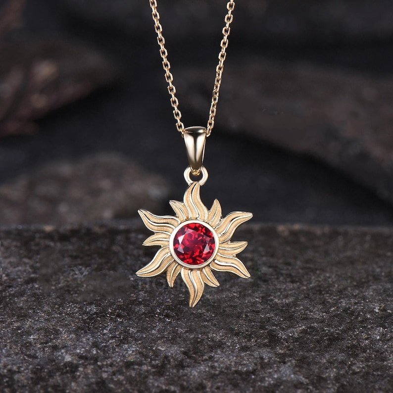 Dainty Round Cut Natural Garnet Necklace Minimalist Yellow Gold Sun Necklace Art Deco Bezel Setting Solitaire Pendant - anerjuly