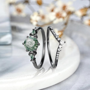 Dainty Round Cut Unique Moss Agate Couple Rings Nature - Inspired His & Her Matching Wedding Band - anerjuly